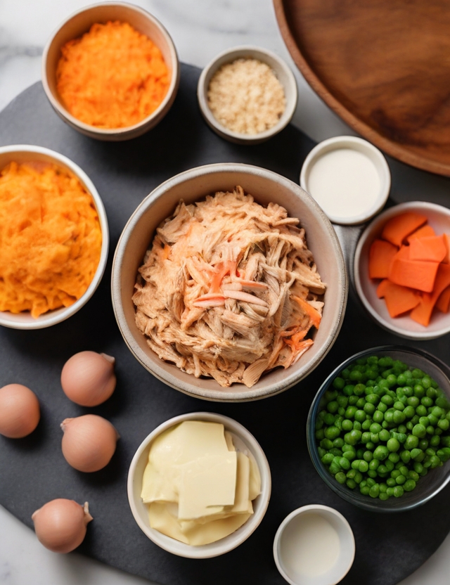 Close-up of the key ingredients for the dish laid out on a marble countertop. Focus on Cheddar Bay Biscuit mix, shredded chicken, peas, carrots, and a blend of spices. Each ingredient is in its own rustic bowl or on a wooden cutting board, ready for preparation.