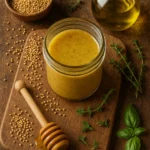 Easy honey dijon vinaigrette dressing in a jar with ingredients