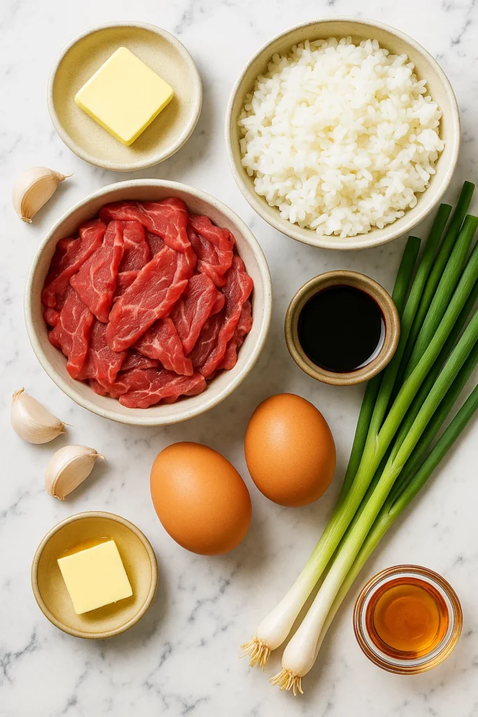 Garlic Butter Beef Fried Rice – Fast, Bold & Flavor-Packed 8 Flat lay of raw ingredients: sliced beef, cooked rice, butter, garlic, green onions, soy sauce, eggs, sesame oil, on a marble counter, vibrant colors