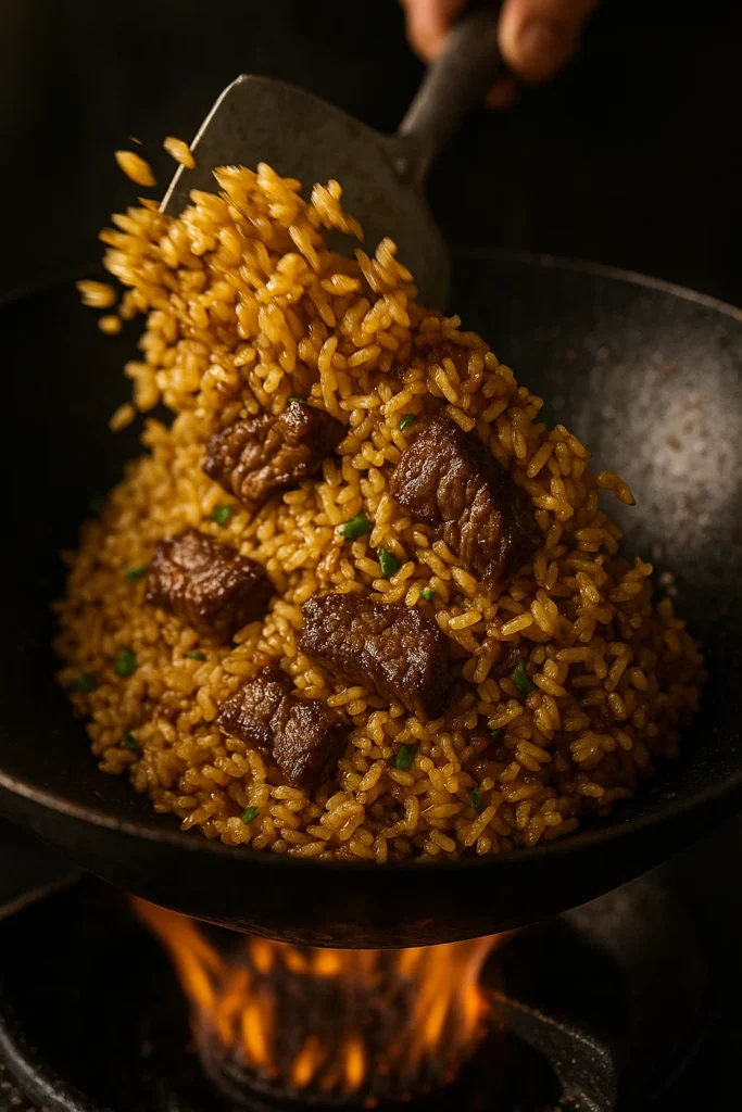 Garlic Butter Beef Fried Rice – Fast, Bold & Flavor-Packed 9 Spatula tossing garlic butter beef fried rice in a hot wok, golden rice grains catching light, beef visible, motion blur