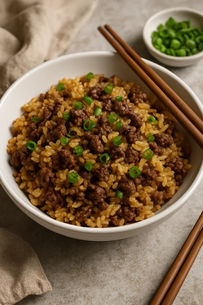 Garlic Butter Beef Fried Rice – Fast, Bold & Flavor-Packed 11 Plated garlic butter beef fried rice in a white ceramic bowl, chopsticks resting on side, garnished with green onions, modern rustic table setup