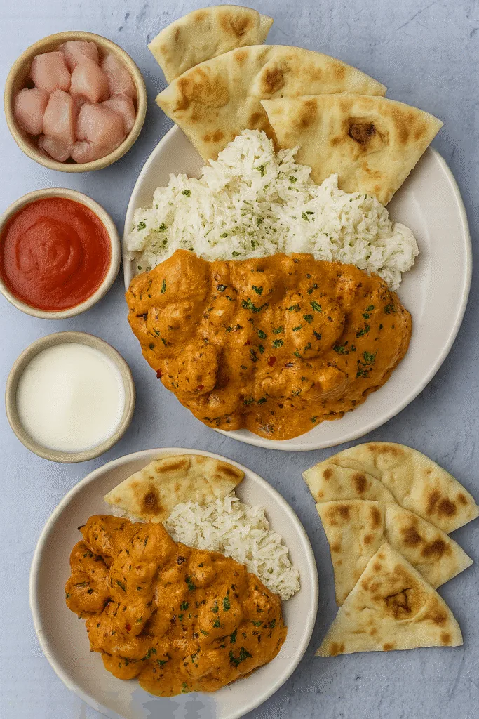 Quick & Easy Homemade Butter Chicken (Murgh Makhani) | Better Than Takeout 1 Close-up of butter chicken in a bowl, creamy orange-red sauce, fresh cilantro garnish, naan on the side, warm rustic styling.