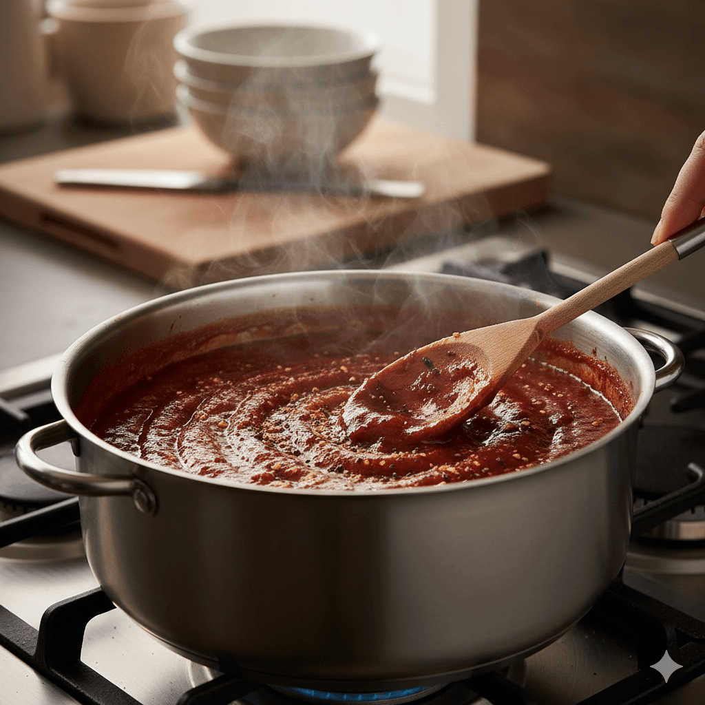 BBQ Chicken with Sauce: The Ultimate Recipe for Juicy, Flavorful Perfection (2025 Guide) 4 A saucepan on a stove with simmering BBQ sauce made from ketchup, brown sugar, and spices, steam rising, spoon stirring the sauce, kitchen background, cozy lighting.