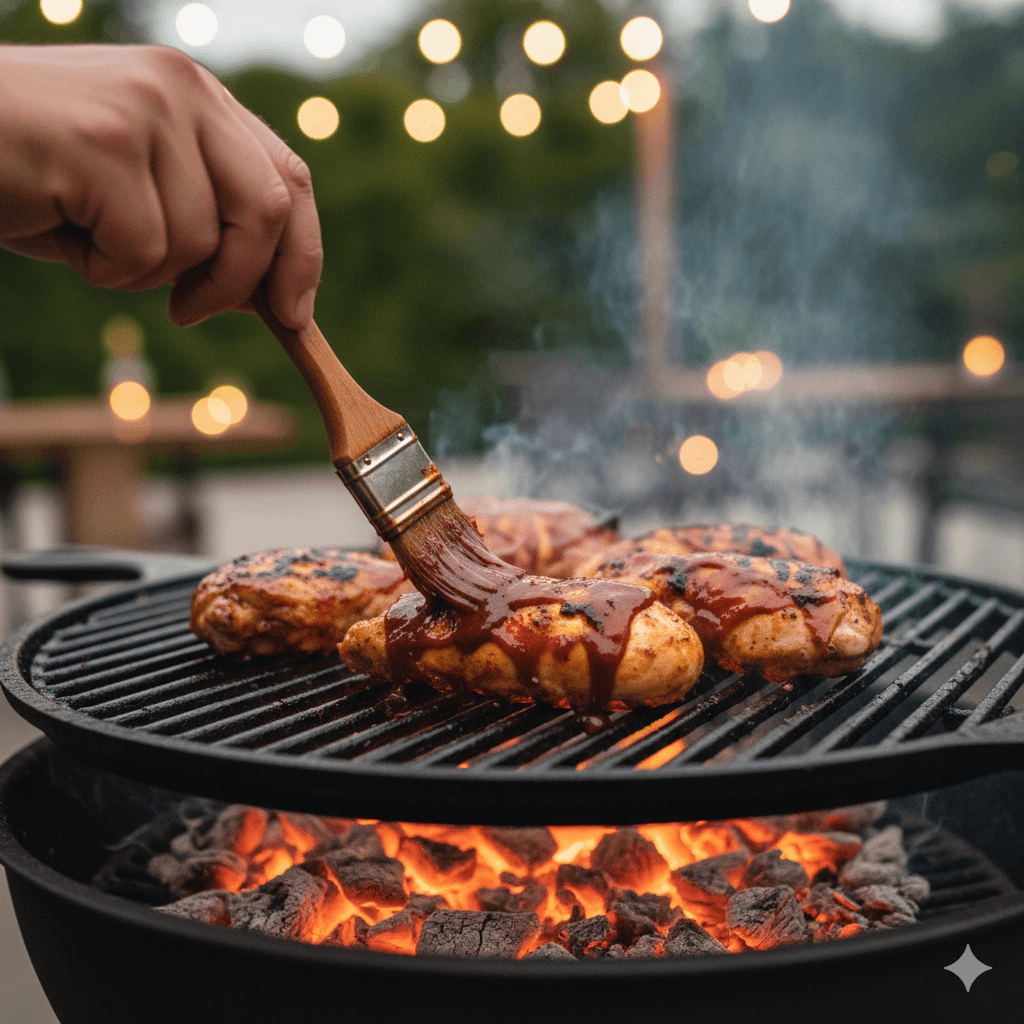 BBQ Chicken with Sauce: The Ultimate Recipe for Juicy, Flavorful Perfection (2025 Guide) 3 BBQ chicken being brushed with thick homemade sauce on a hot grill, with glowing charcoal and grill marks visible, chef’s hand holding a brush, warm outdoor setting, shallow depth of field.