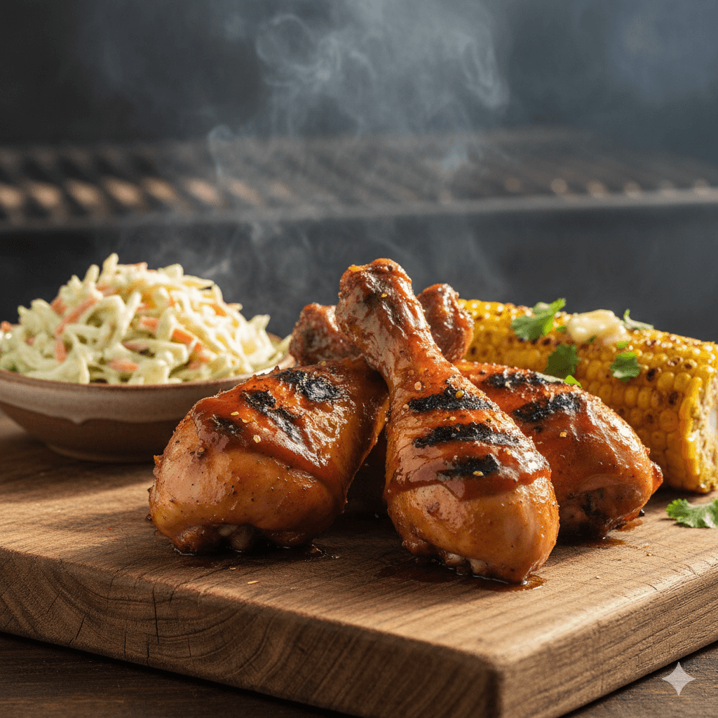 BBQ Chicken with Sauce: The Ultimate Recipe for Juicy, Flavorful Perfection (2025 Guide) 2 BBQ chicken being brushed with thick homemade sauce on a hot grill, with glowing charcoal and grill marks visible, chef’s hand holding a brush, warm outdoor setting, shallow depth of field.